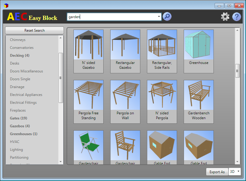 AEC Easyblock screen showing gazebos, greenhouses and garden furniture