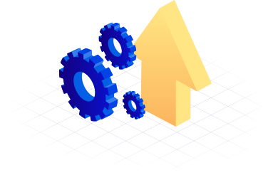 Illustration of an arrow pointing up and some cogs in 3D
