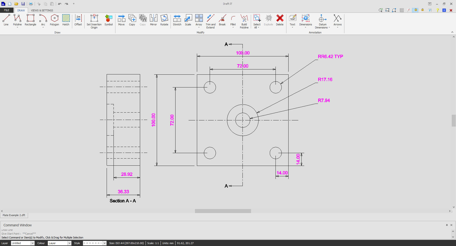 2D cad drawing example in Draft it Plus