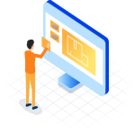 Illustration of a small man working on a large computer screen with 3D design of a room