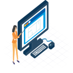 Illustration of a tiny woman pointing at an oversized computer screen