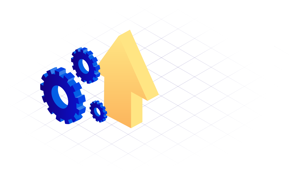 Illustration of an arrow pointing up and some cogs in 3D