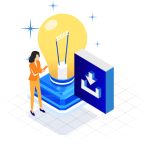 Illustration of a woman next to a large light bulb and a 3D download icon