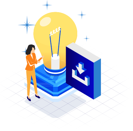 Illustration of a small woman next to a big lightbulb and 3D download icon