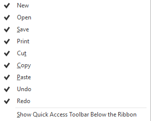Customise Quick Access Toolbar menu selection