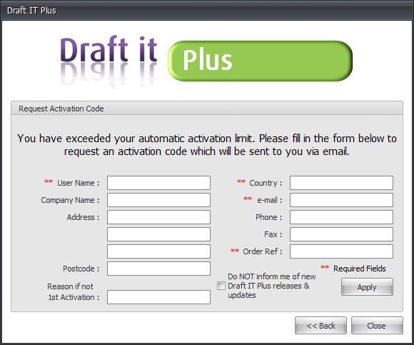 Draft it Plus request activation code example image