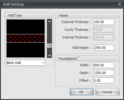 wall settings dialog box